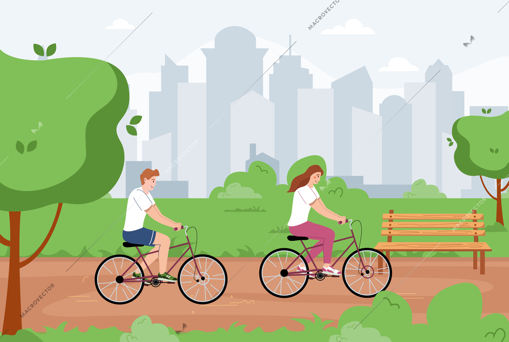 Man healthy lifestyle flat composition with cityscape background and urban park scenery with couple riding bikes vector illustration