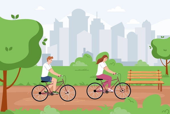 Man healthy lifestyle flat composition with cityscape background and urban park scenery with couple riding bikes vector illustration