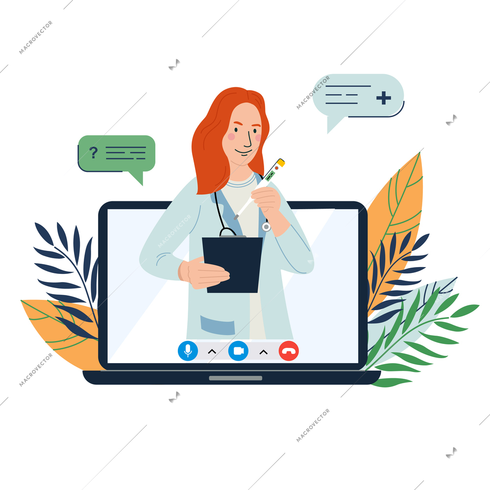 Man urology flat composition with cartoon doctor on laptop screen with chat bubbles and floral background vector illustration