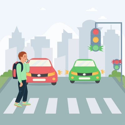 Children safety flat poster with schoolboy crossing street at red traffic light and talking on phone vector illustration