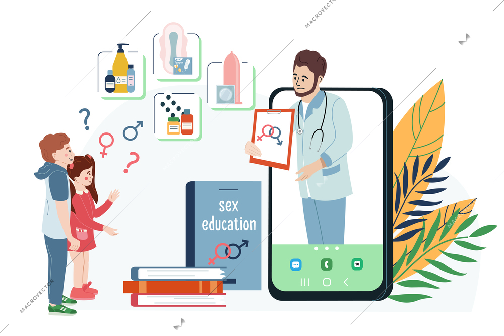 Sex education of children flat composition with doctor answering questions of boy and girl from smartphone screen vector illustration