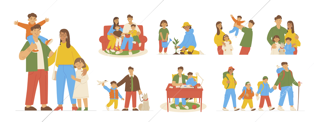 Happy family life flat set with parents and children spending time together isolated vector illustration