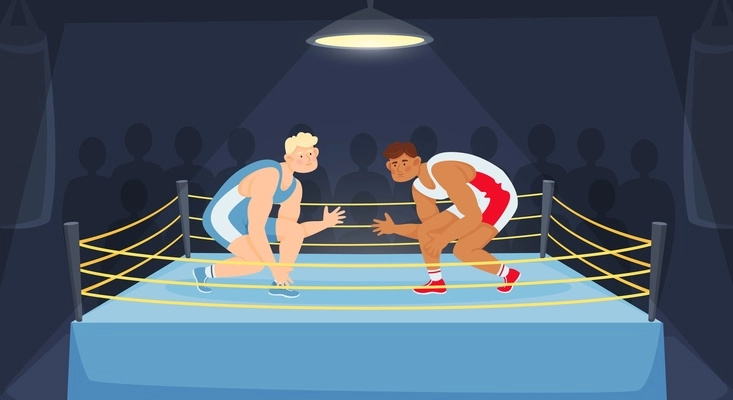 Fighters flat composition with indoor view of boxing ring with crawling athletes and silhouettes of audience vector illustration