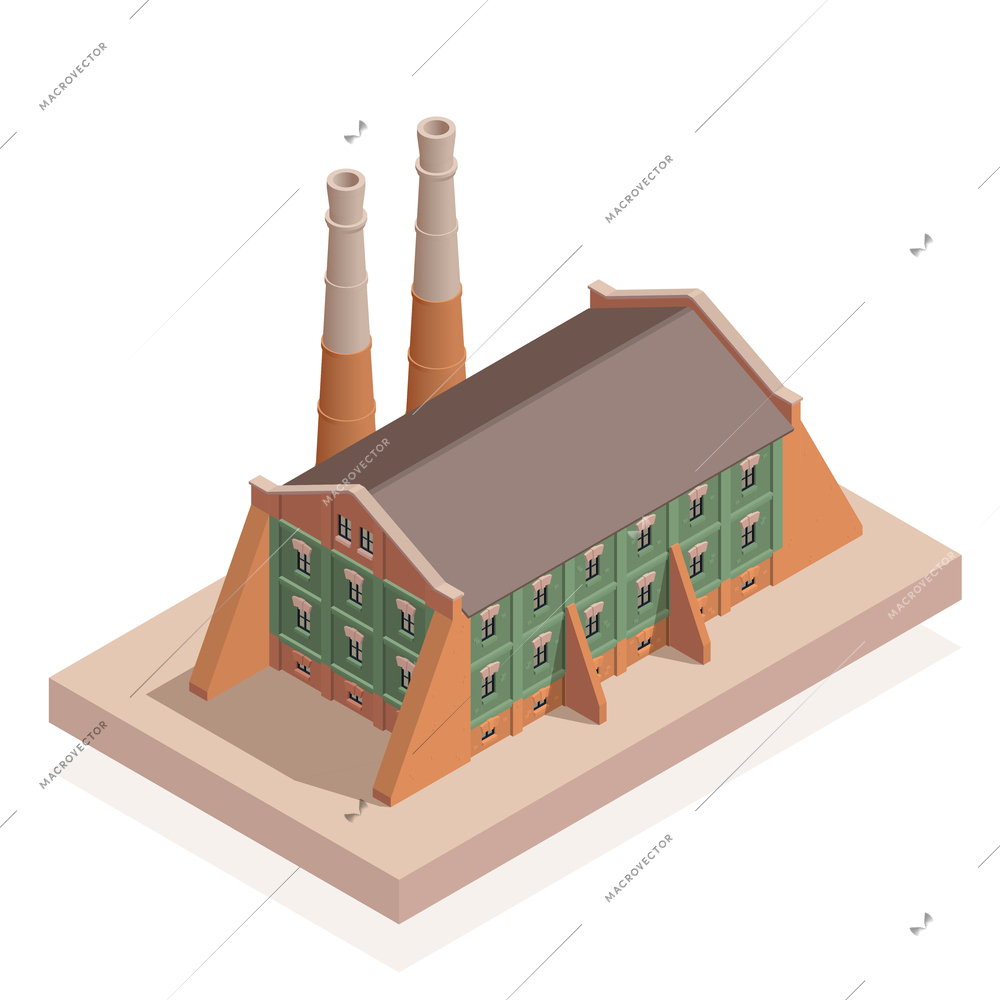 Old industrial isometric fabric building isolated vector illustration