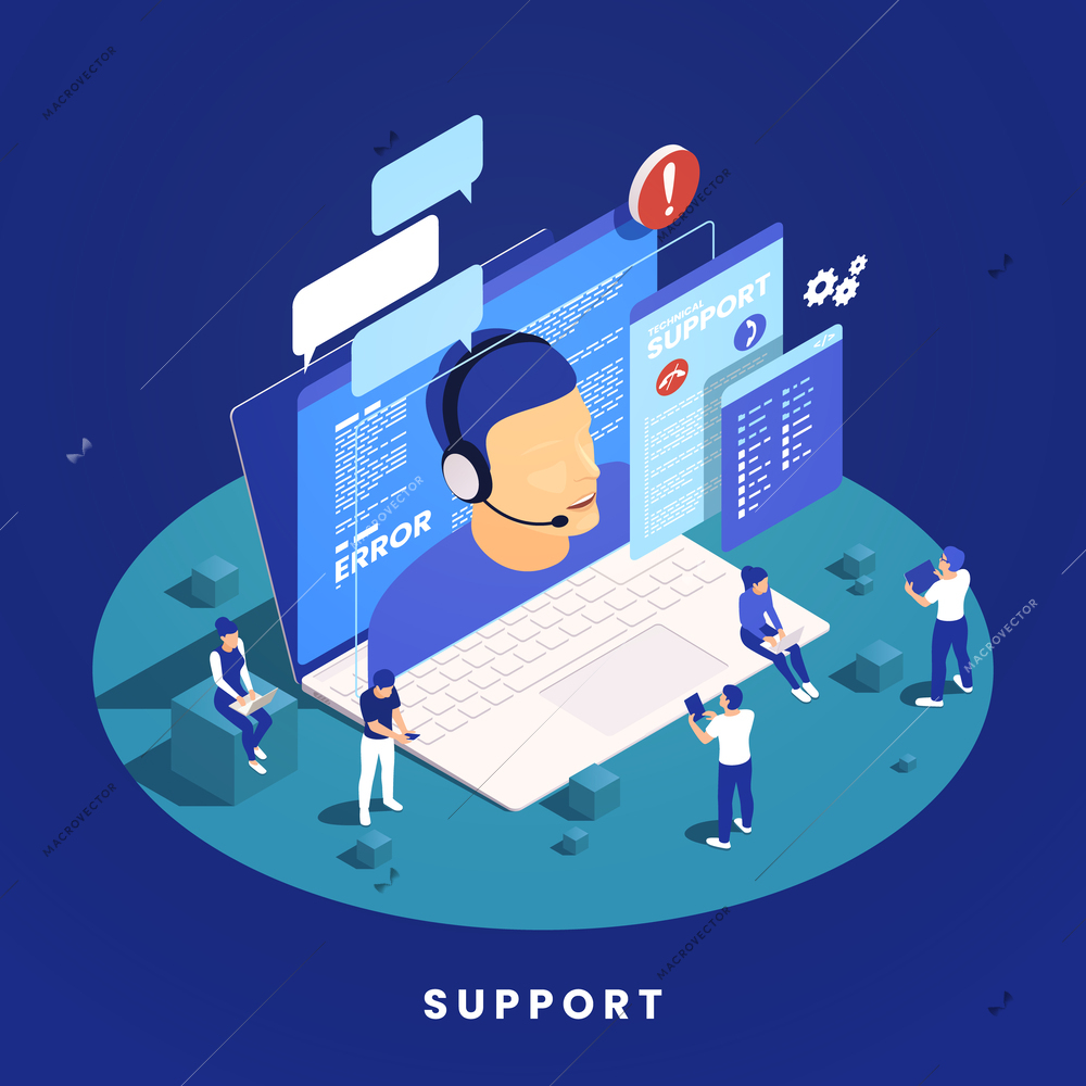 Isometric online technical support concept with male operator on laptop screen system error chatting customers 3d vector illustration