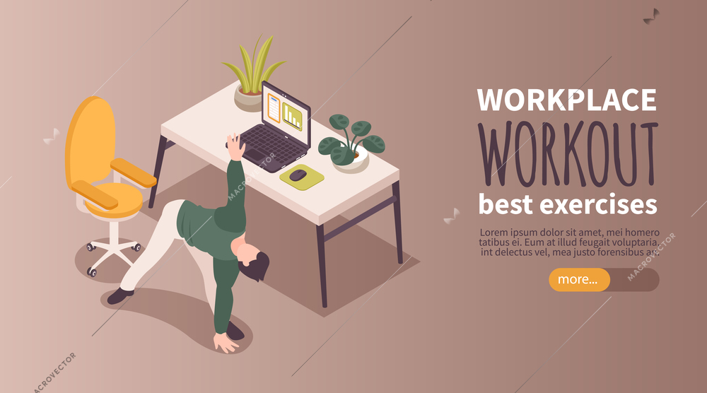 Isometric workplace workout horizontal banner with best exercises headline and more button vector illustration