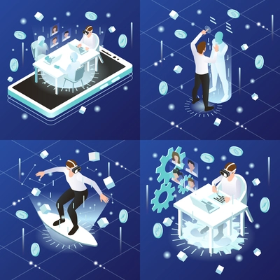 Four square vr metaverse isometric colored icon set projections of board desktop people and other people sitting around the table vector illustration