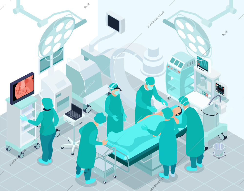 Medical operation isometric background with team of cardiac surgeons performing surgery in operating room interior vector illustration