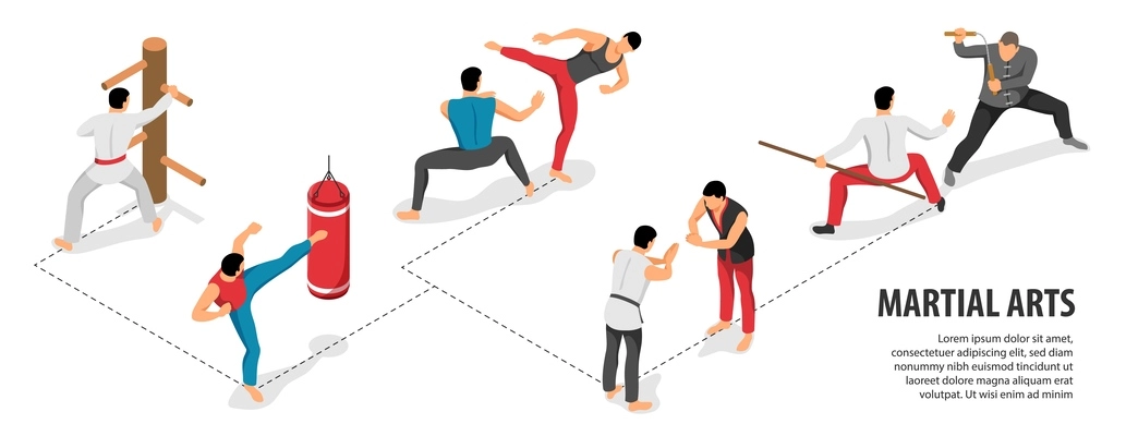 Isometric martial arts infographics with isolated human characters of fighting men with flowchart and editable text vector illustration