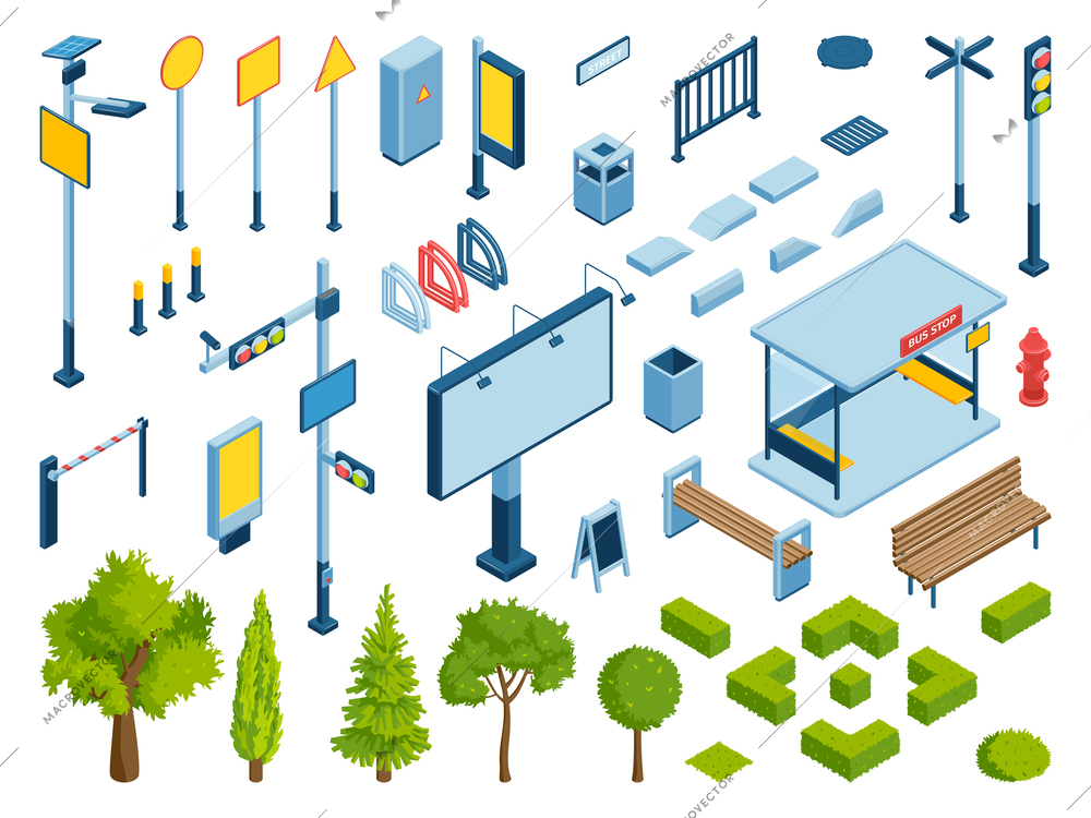 Isometric city color icon set with green bushes and trees street lights and advertising signs billboards vector illustration