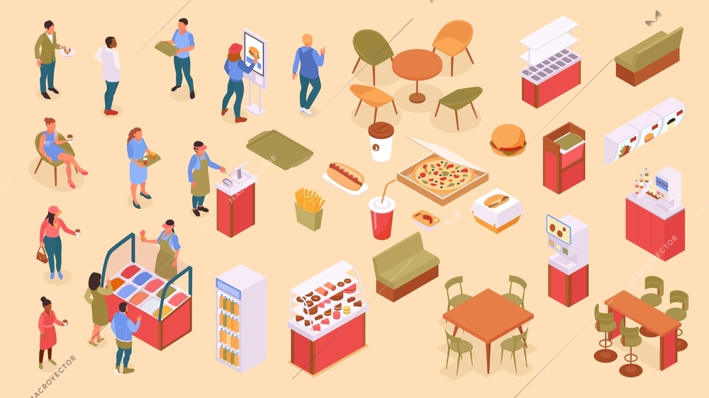 Food court isometric color set with pizza and takeout symbols isolated vector illustration