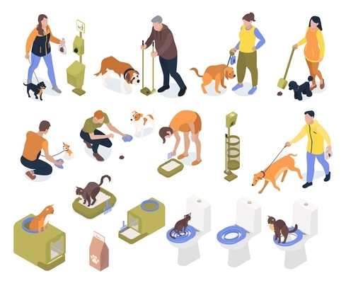 People cleaning pets poop with hygiene symbols isometric isolated vector illustration