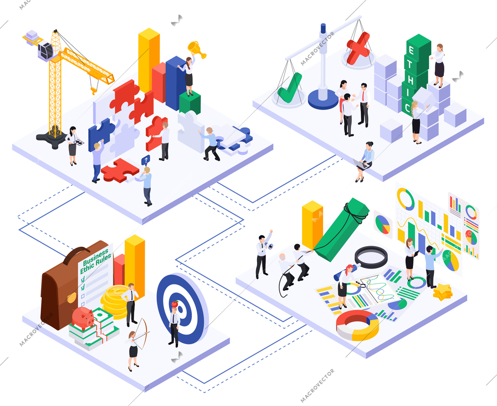 Business ethics isometric set of platforms with small characters of coworkers with puzzle pieces graph elements vector illustration