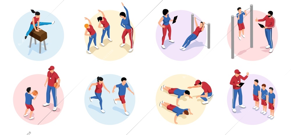 Physical education lesson compositions set with students doing various sport activities with teachers isolated isometric 3d vector illustration