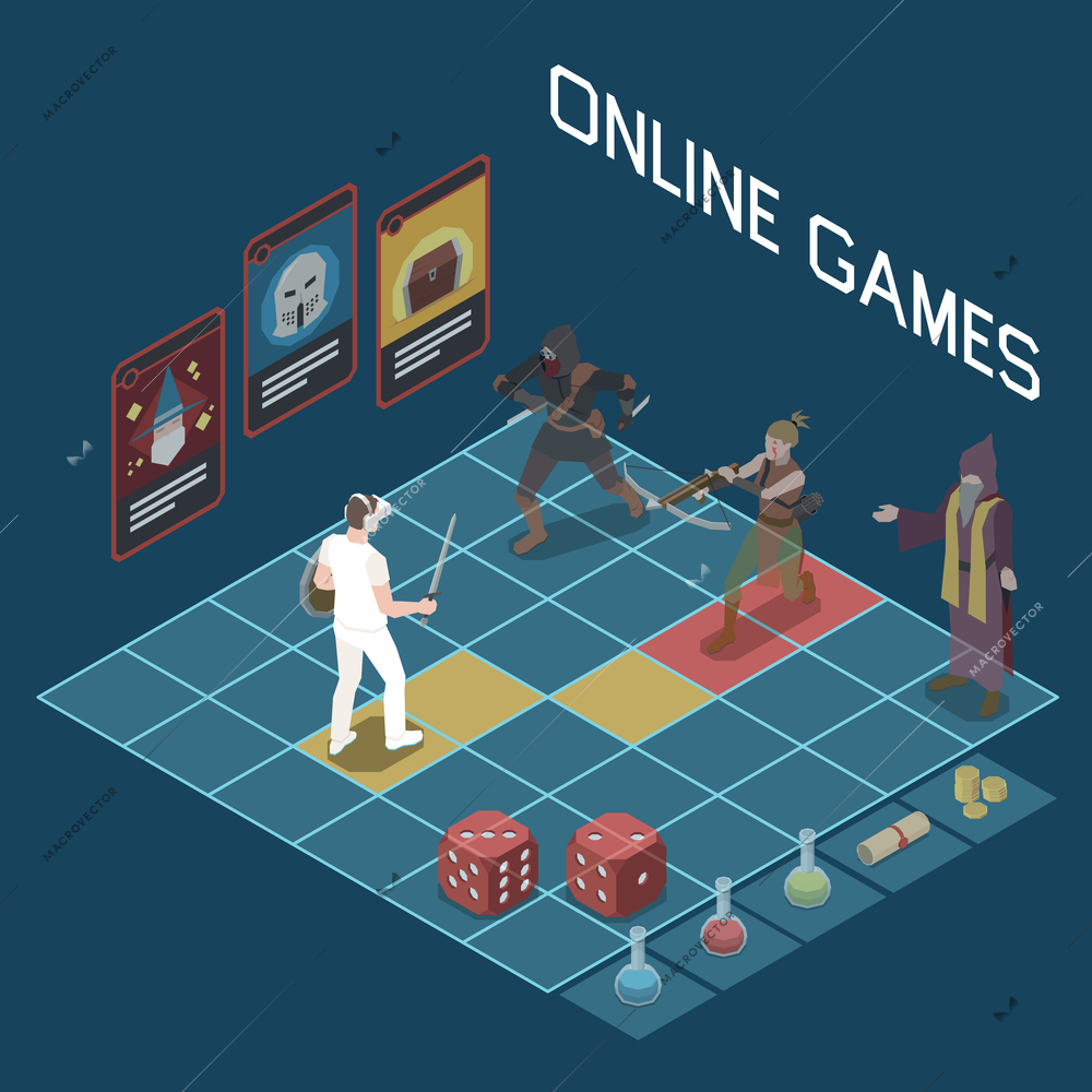 Metaverse isometric concept with online game scene and user wearing vr headset 3d vector illustration