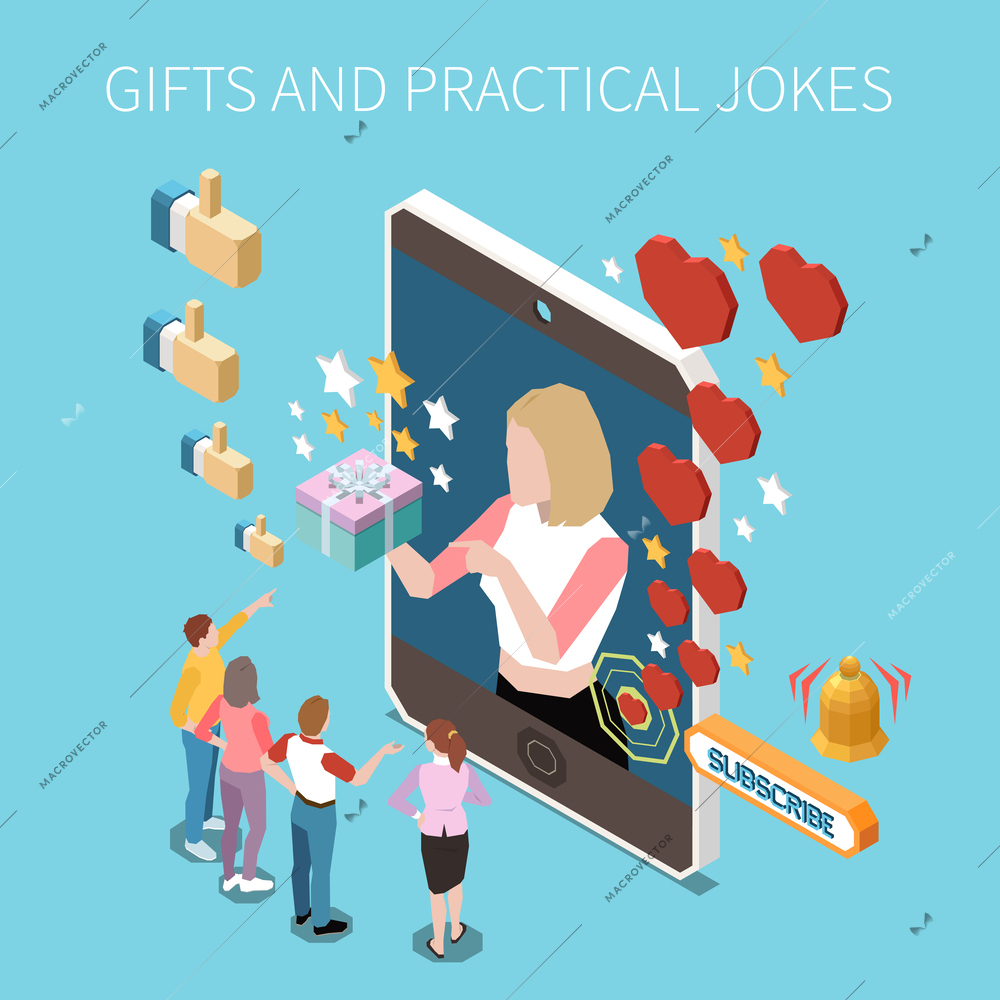 Social media influencer giveaways concept with female blogger holding gift box and her followers 3d isometric vector illustration