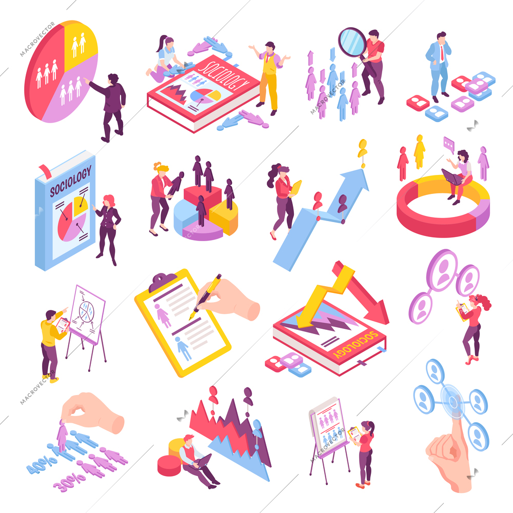 Isometric sociologist set with people answering questionnaires isolated vector illustration