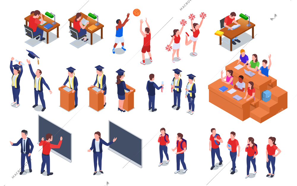 Isometric set of college or university students in different studing situations vector illustration