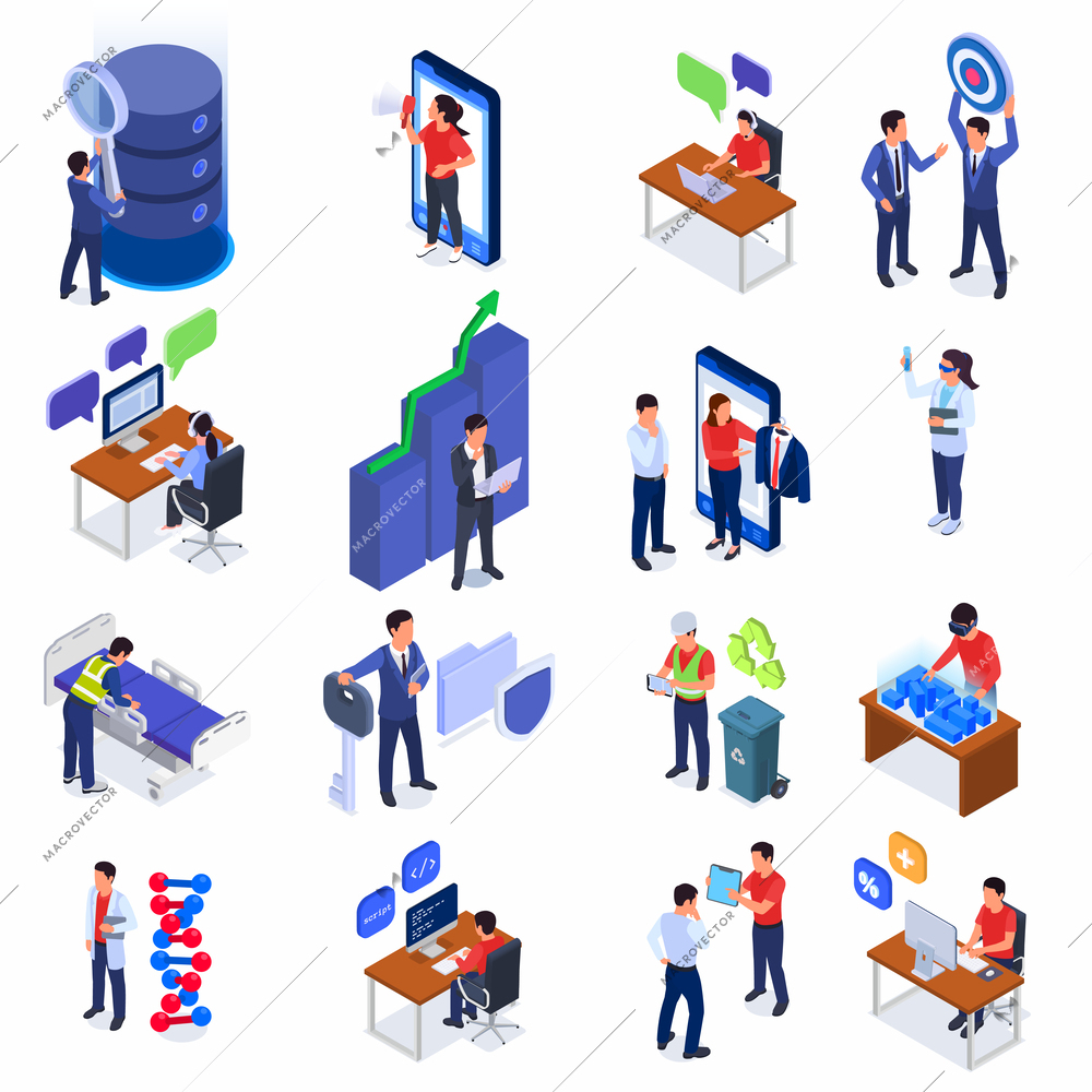 Isometric set of people occupied with modern and future professions isolated vector illustration