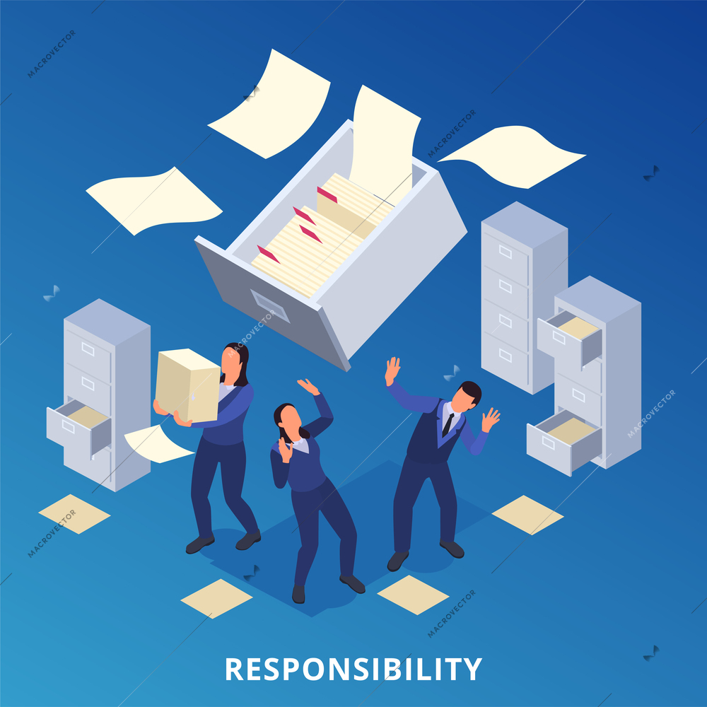 Corporate culture isometric concept with business people and responsibility symbols vector illustration