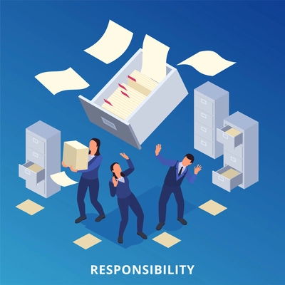 Corporate culture isometric concept with business people and responsibility symbols vector illustration