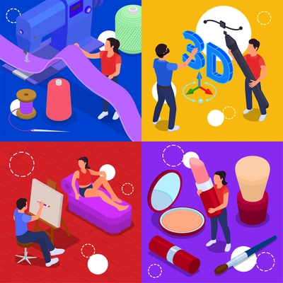 Art and creative professions isometric 2x2 set isolated vector illustration