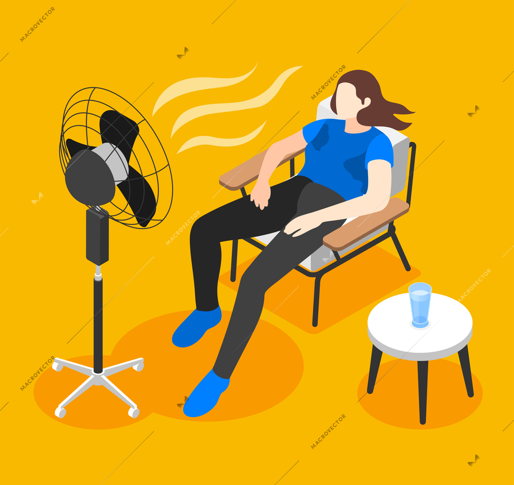 Climate change isometric background with man suffering from overheating vector illustration