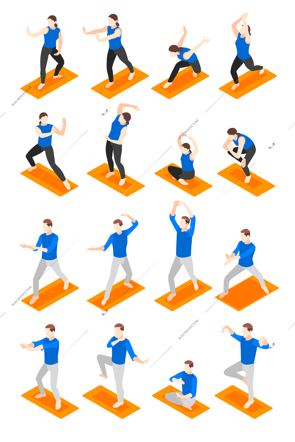 World tai chi and qigong day isometric icons set with people in different poses isolated vector illustration