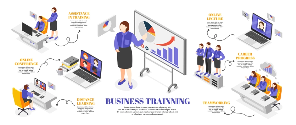 Business training isometric background with online conferences and lectures vector illustration