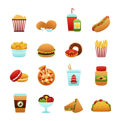 Fast food icon set with donut soda potato chips pizza isolated vector illustration