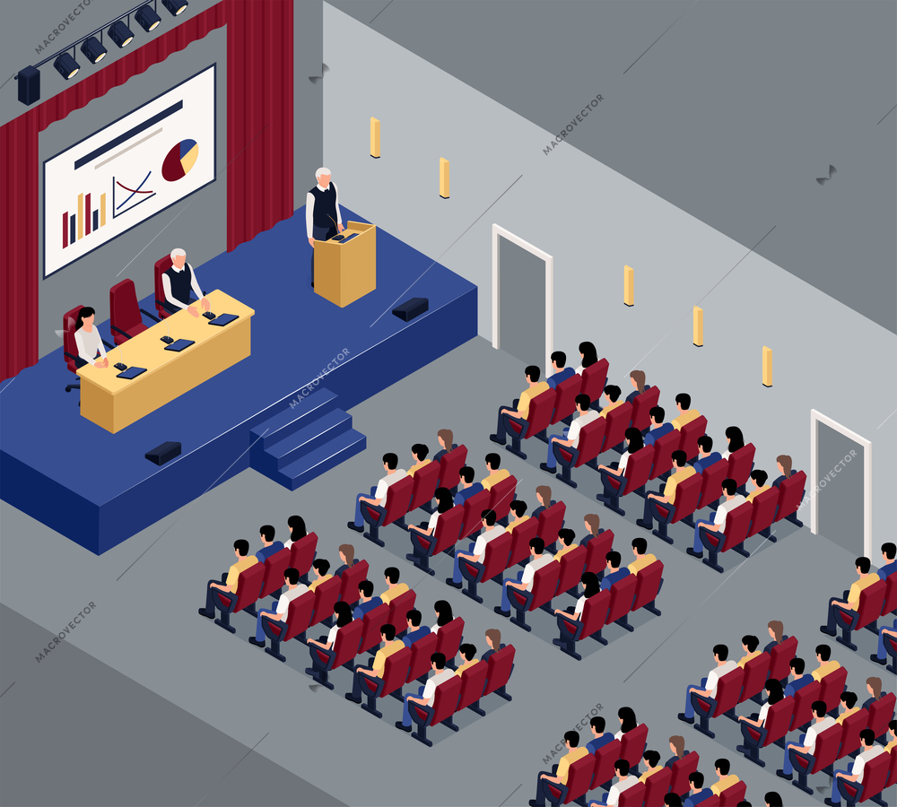 Isometric press conference hall composition with full audience vector illustration