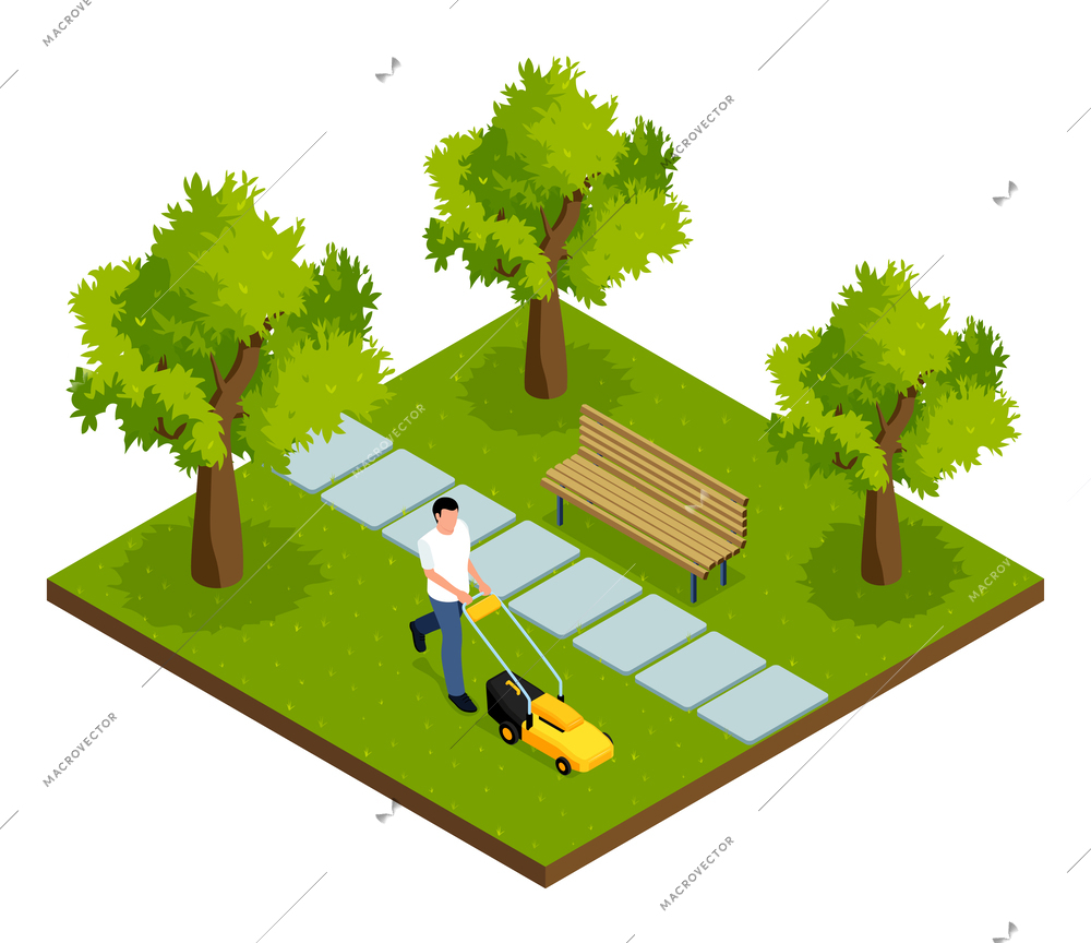 Isometric lawn mower concept with man cutting grass in public park vector illustration