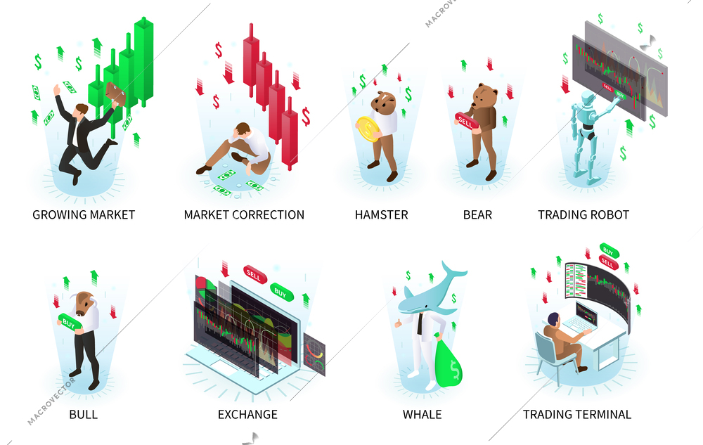 Trading isometric recolor set with whale and bear symbols isolated vector illustration