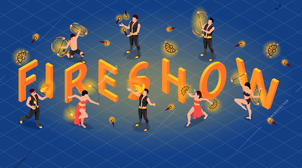 Fireshow people isometric concept with fire dance performance symbols vector illustration