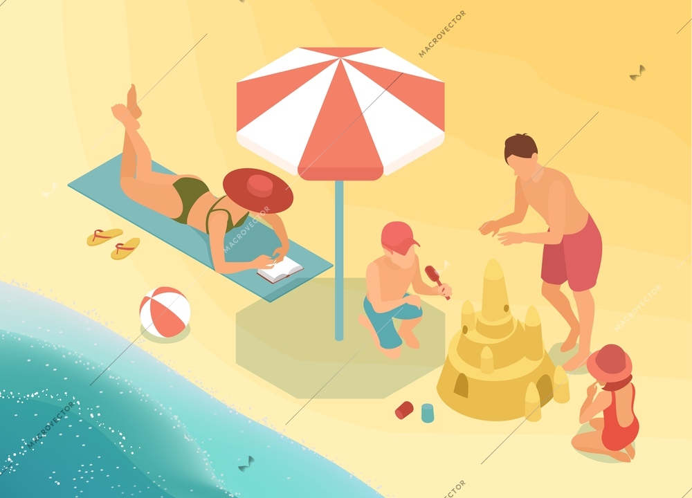 Summer vacation background with sand castle symbols isometric vector illustration