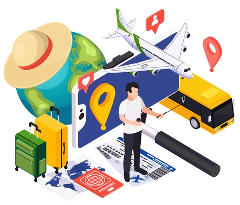 International tourism isometric composition with location signs maps and man with flight tickets passport and smartphone vector illustration