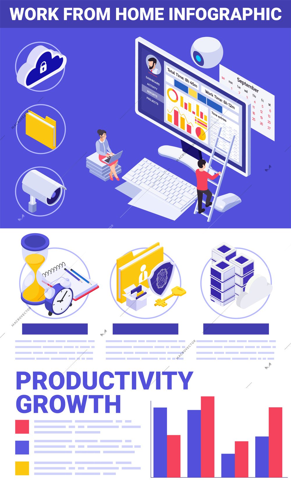 Work from home infographic composition with text color bar charts and isometric icons with computer workspace vector illustration