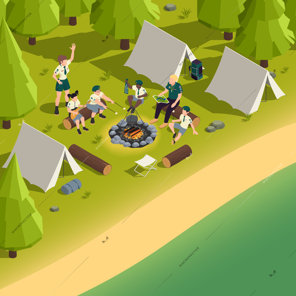 Isometric scout summer camp scenery with tents in forest and children cooking marshmallow on fire and playing guitar 3d vector illustration