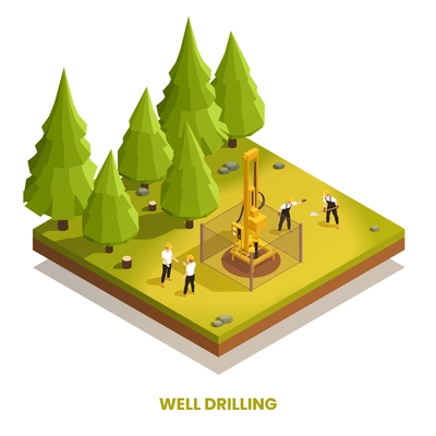 Well drilling in forest composition with machinery and workers 3d isometric vector illustration