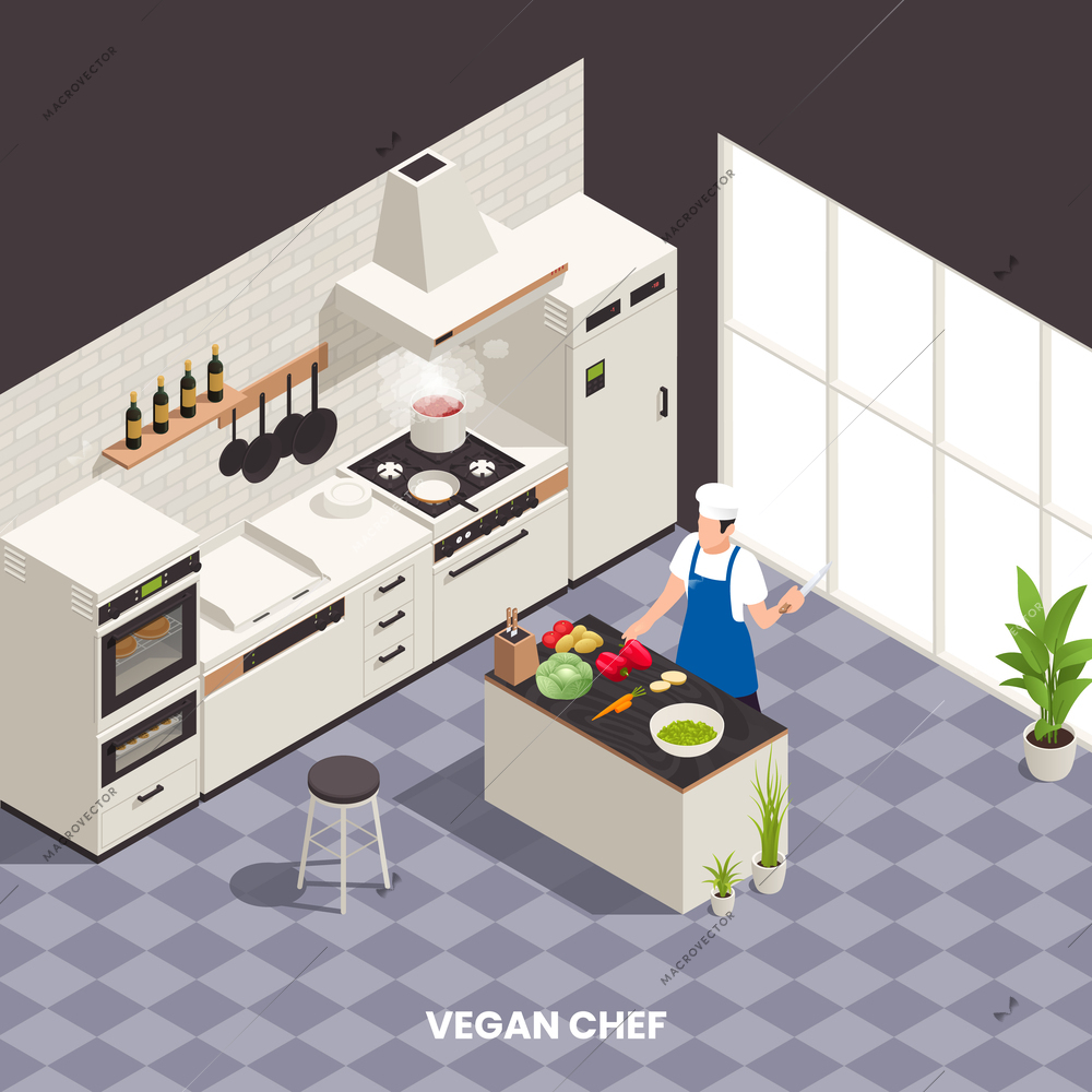 Modern food industry profession isometric composition with chef cooking vegan dish in restaurant kitchen 3d vector illustration