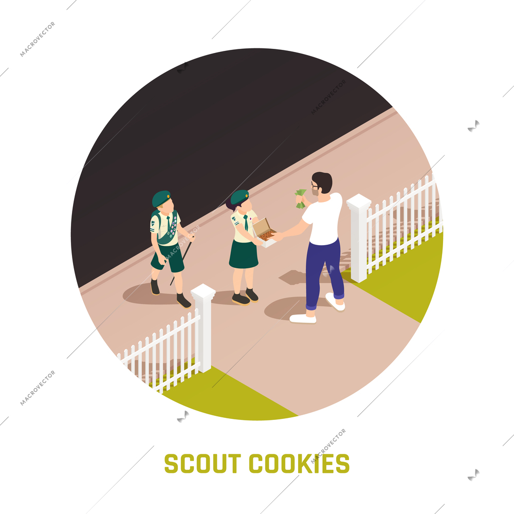 Isometric summer camp scouts round composition with boy and girl selling cookies 3d vector illustration