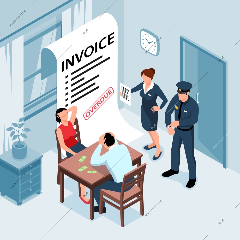 Isometric poverty concept with people turned out of the house for debts vector illustration