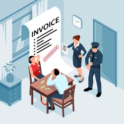 Isometric poverty concept with people turned out of the house for debts vector illustration