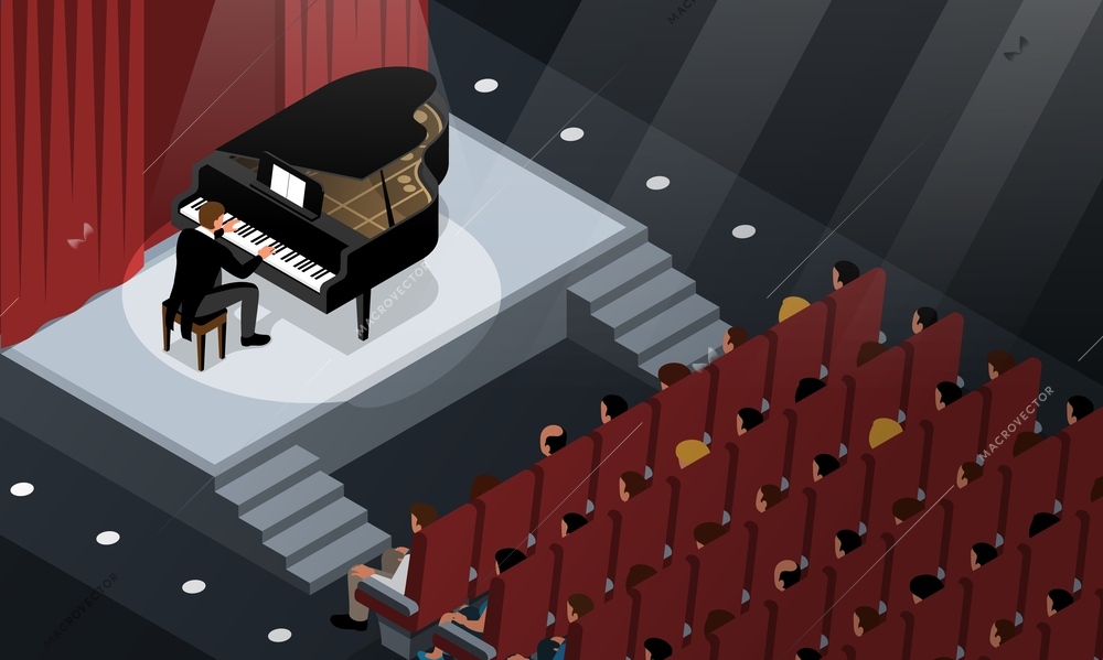 Isometric musicians horizontal concept with performer playing piano in front of the audience vector illustration