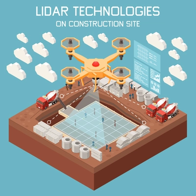 Lidar technologies isometric background with drone flying over construction site 3d vector illustration