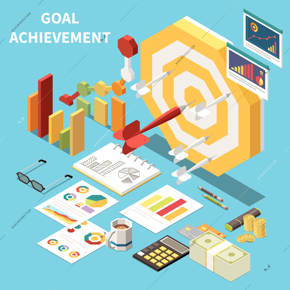 Goal achievement business concept  with calculator brochures with graphs bundles of banknotes and arrows hitting target isometric vector illustration