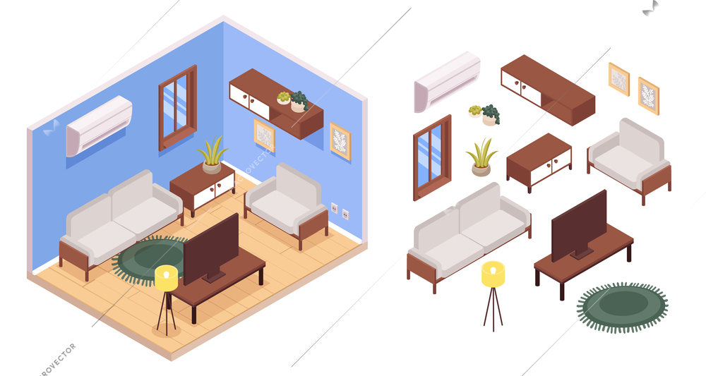 Isometric living room interior design with furniture items vector illustration