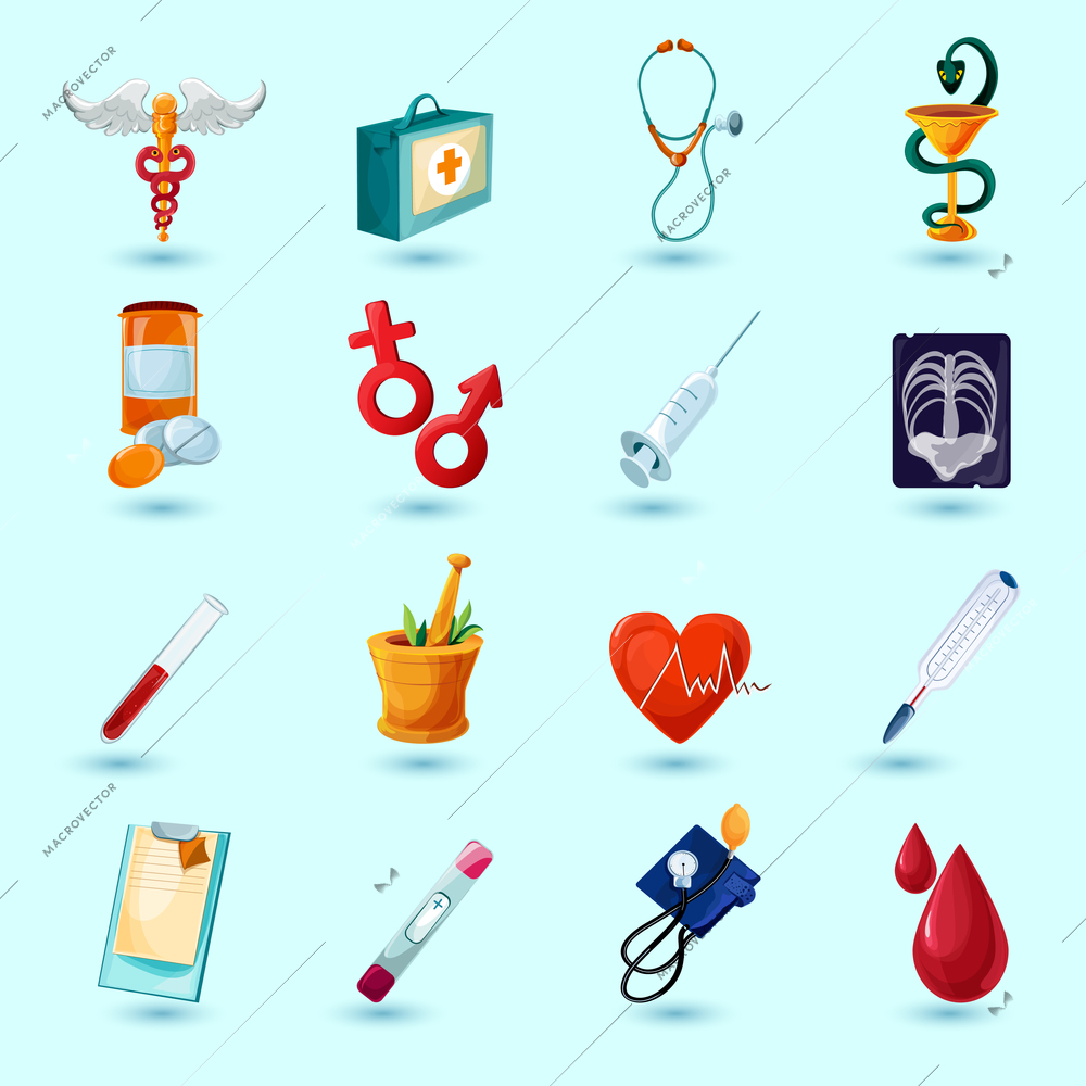 Medical icon set with first aid kit pill syringe isolated vector illustration