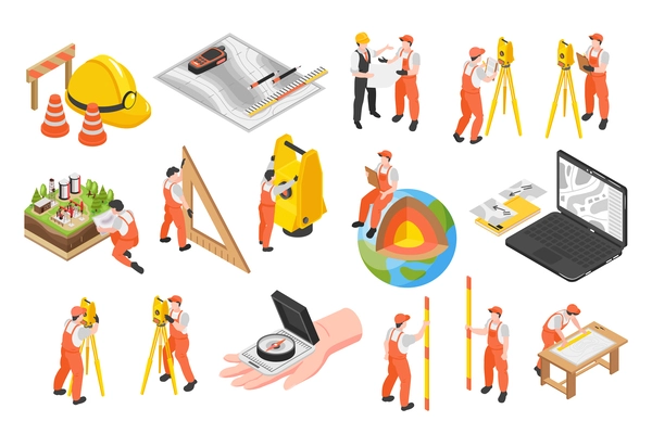 Isometric engineer surveyor icons set with man in working suit and land measuring tools isolated vector illustration