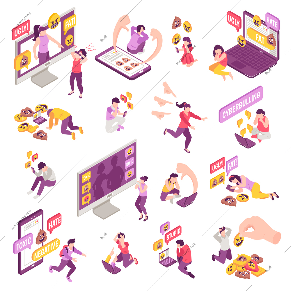 Isometric cyberbullying icons set with online violence and threats isolated vector illustration